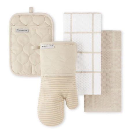 KITCHENAID Quilted Cotton Terry Cloth Oven Mitt, Pot Holder, Kitchen Towel 4-Pack Set, Heat Resistant, Silicone Grip, Gift Set, Milkshake, 16"x26", 7"x13" & 7"
