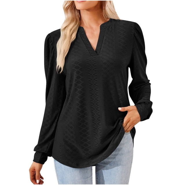 Pompotops T-shirt Ample à Manches Longues à Col en V Uni pour Femme Liquidation
