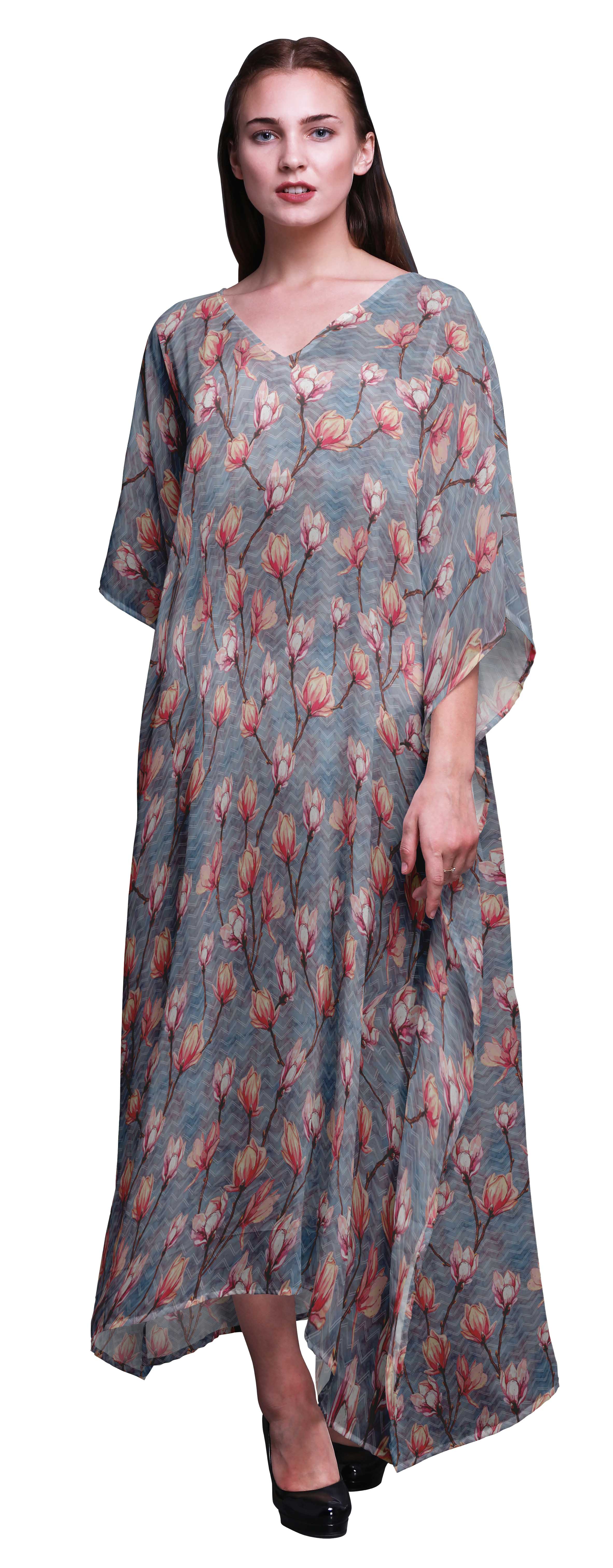 Bimba Robe Longue Caftan Maxi à Fleurs, Sortie de Plage, Maillot de Bain, Couvre-Maillot, Kaftan pour Femmes-P-L