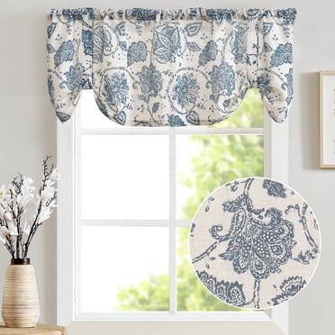 Curtainking Cantonnière Farmhouse 20 Pouces Bleu sur Beige Floral Rustique Filtrant la Lumière Rideau Semi-Transparent Cantonnière à Nouer pour Cuisine Salle de Bain Poche pour Tringle 1 Panneau