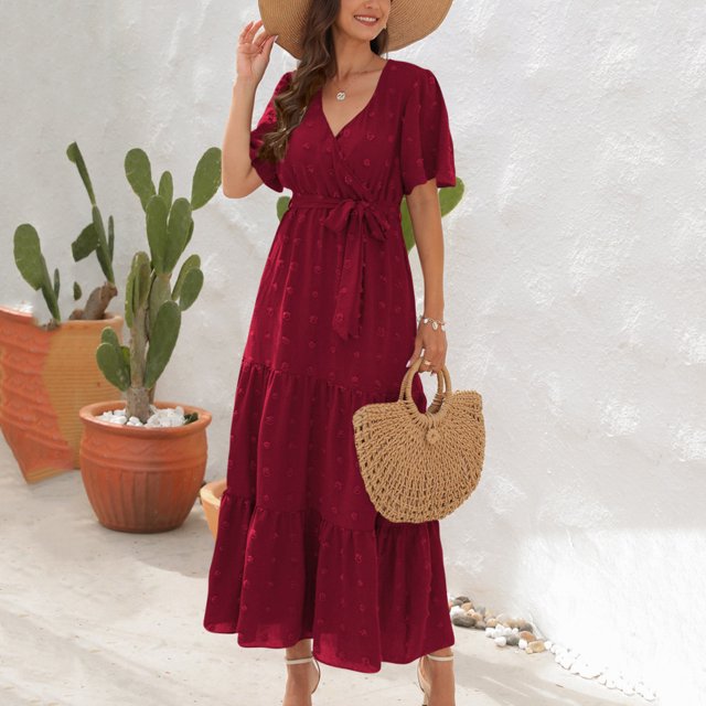 Ovzne Robes pour Femmes Robe Femme Mode Femme Été Décontractée Col en V à Volants Manches Courtes Robe Unie Robe Grande Taille Manches Courtes Liquidation