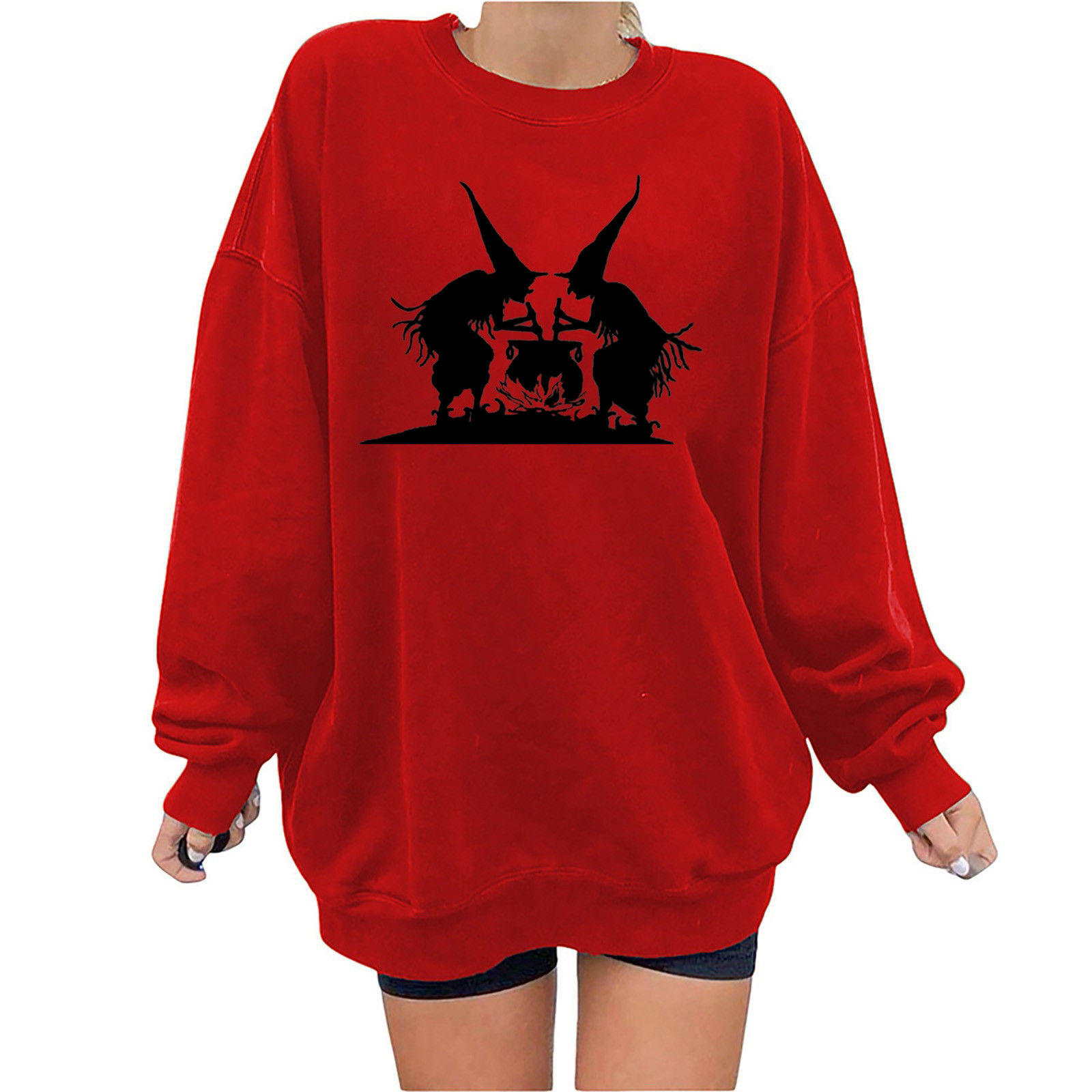 2023 Chandail à Capuchon Surdimensionné pour Femmes Mode Halloween Imprimé Blouse Ample à Manches Longues Col Rond Chandail Décontracté Hauts Chandail en Molleton Costumes Halloween/noël 50 % de Rabais Liquidation