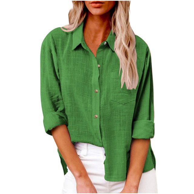 Womens Cotton Button Down Shirt Casual Long Sleeve Loose Fit Collared Linen Work Blouse Tops with Pocket