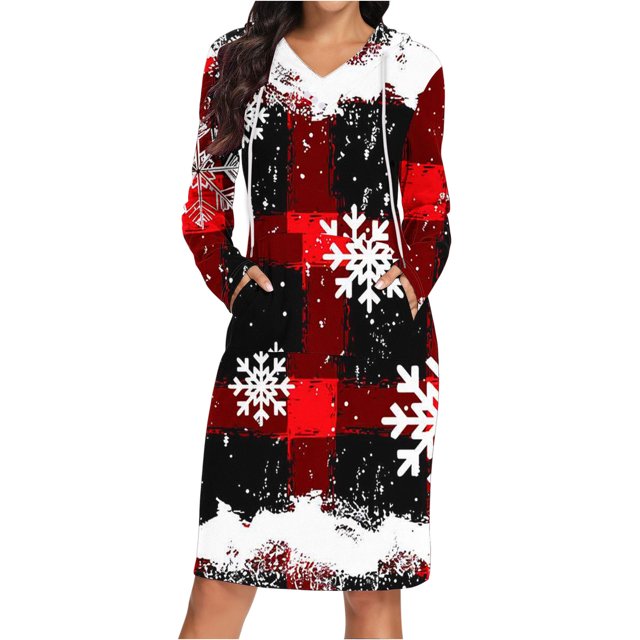 TIMIFIS Robe Chandail à Capuche pour Femme, Imprimé de Noël, Ample, Manches Longues, Haut Chandail à Capuche, Robe à Capuche avec Poches