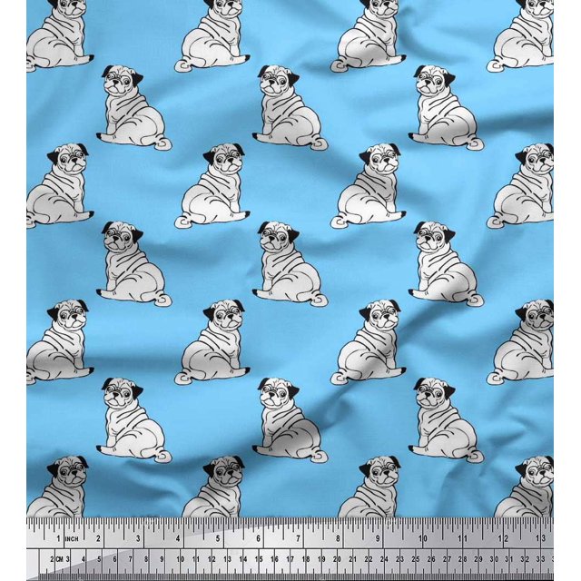 Soimoi Rayon Crepe Fabric Pug Dog Print Sewing Fabric Yard 46 Inch Wide. The fabric features a light blue background with a repeating pattern of illustrated pug dogs in a seated position. Made from rayon crepe, it is slightly wrinkled, medium weight, and breathable, with a width of 46 inches and a weight of 120 GSM. Ideal for crafting summer dresses, tops, and blouses. Fabric is sold by the yard and cut to order.