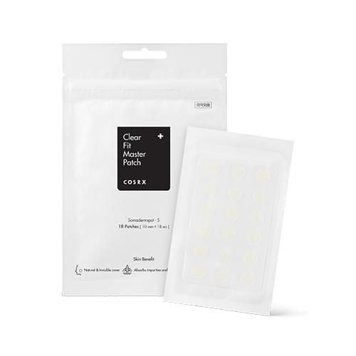 COSRX Clear Fit Master Patch close-up front view of ultra-thin 10mm circular acne spot patches in a gradient, matte finish. Transparent discs appear barely noticeable on skin-like background; designed to protect blemishes and absorb exudate while worn under makeup, and often used to keep concealer smooth over spots.