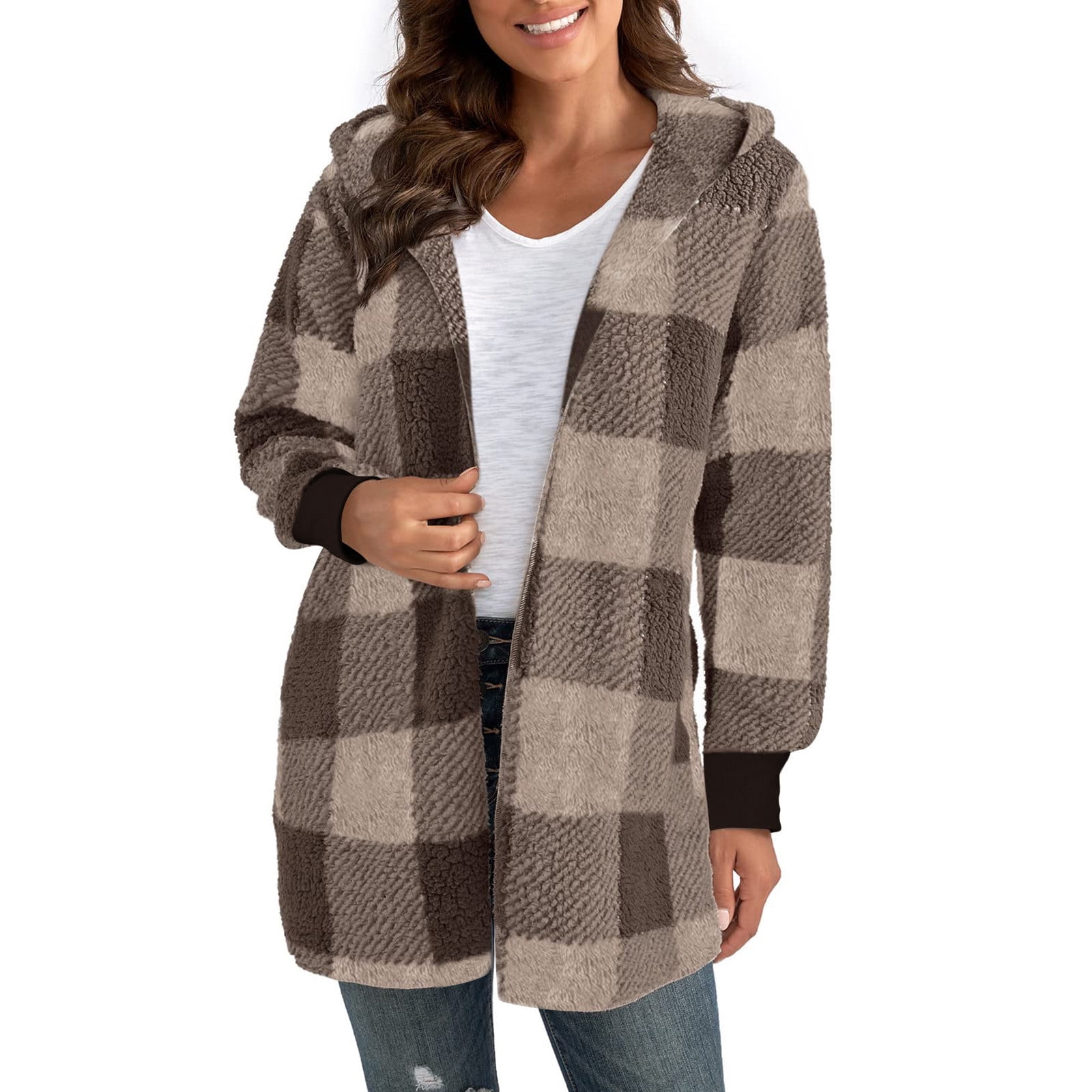 Timegard Cardigans Légers pour Femmes à Carreaux à Manches Longues à devant Ouvert Manteaux d'Hiver à Capuche