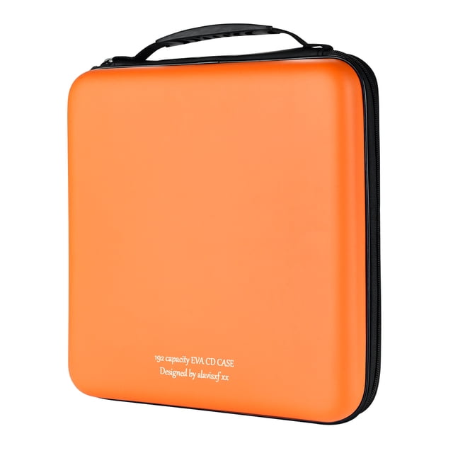 alavisxf xx 192 Capacity EVA CD/DVD Case in orange with a durable zipper closure and a compact design. This portable disc storage organizer holds up to 192 CDs or DVDs, protecting them from dust, scratches, and moisture. Made from hard EVA, PP film, and spunlace non-woven fabric, it ensures long-lasting use. The case features a sturdy handle for easy carrying and measures 12.5x11x3.1 inches (32x28x7.8 cm), making it suitable for home or travel use.