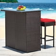 thumbnail image 3 of Patiojoy Ensemble de Bar en Rotin Osier pour Patio 3 Pcs Table avec 2 Tabourets Coussinés Rouges, 3 of 10