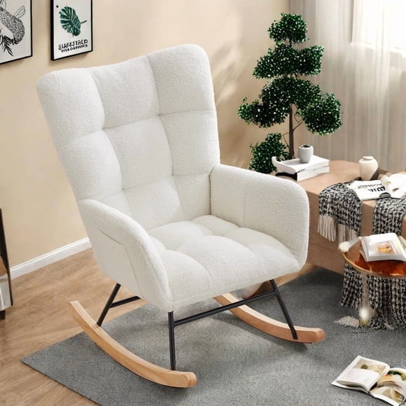 Rocking Chair Nursery, Teddy Upholstered Glider Chair with High Backrest, Armrest and Side Pockets, Modern Comfy Accent Armchair Reading Chair for Bedroom, Living Room