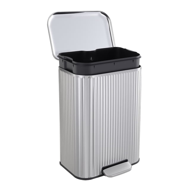 50L Stainless Steel Step Trash Can – Rectangular waste bin with brushed stainless steel, fingerprint-resistant finish; front-facing view showing soft-close lid, hands-free foot pedal, removable inner bucket and anti-slip base; slim modern profile for kitchen, home or office; dimensions 42.8 × 35.5 × 62.