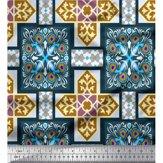 Soimoi Crepe Silk Fabric Tiles Moroccan Printed Fabric 1 Yard 42 Inch Wide