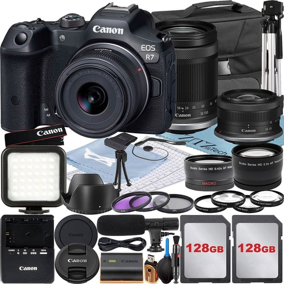 Canon EOS R7 Mirrorless Camera with RF-S 18-45mm + 18-150mm Lens + 2 Pack 128GB Memory Card + Case + ZeeTech Accessory