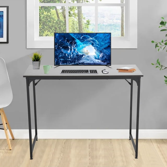Computer Desk 48'' Simple Desk with Adjustable Feet, Large Office Desk with Metal Legs, Modern Steel Frame Wood Study Desk for Home Office, Black