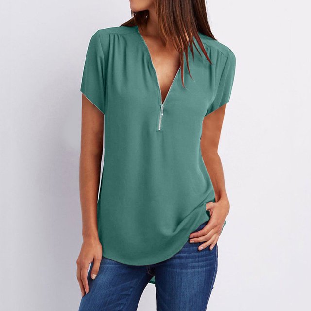 Hauts Western pour Femmes Été Chemises à Manches Courtes Fermeture Éclair Tunique Décontractée Col en V Blouse à Manches Roulables Hauts Hauts pour Femmes Chic Décontracté en Liquidation