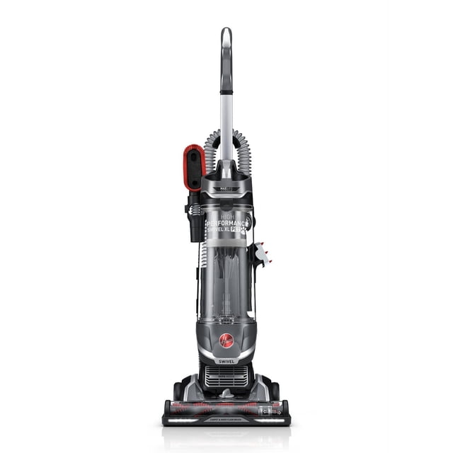 Hoover High Performance Swivel XL Upright Pet Vacuum with clear dustbin, flexible hose, and red antimicrobial pet brush, featuring WindTunnel suction and HEPA media filter capturing 99.97% of dust and pet hair on carpets and hard floors, also effective against pet odors with carbon filter.