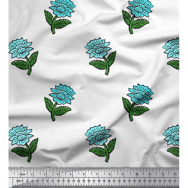 Soimoi Poly Georgette Fabric Leaves & Floral Block Printed Craft Fabric by The Yard 52 Inch Wide
