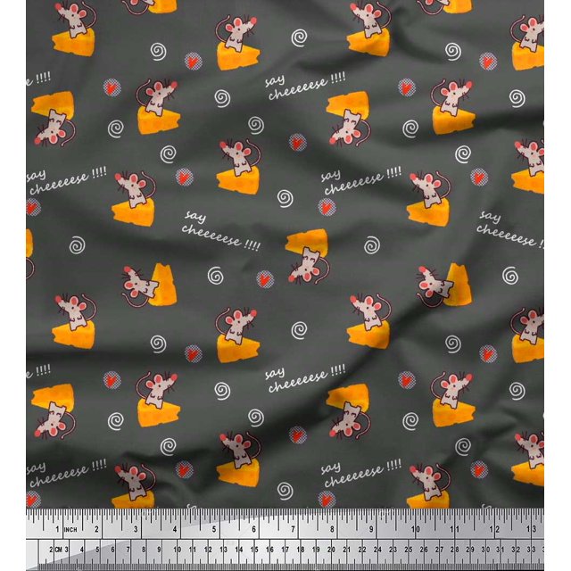 Soimoi Grey Cotton Jersey Fabric Cheese Slice & Rats Kids Printed Fabric 1 Yard 58 Inch Wide