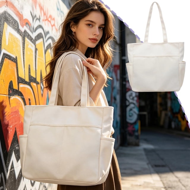 Sac Fourre-Tout en Toile Grande Capacité Sac à Bandoulière - Sac à Main Décontracté pour le Travail, les Voyages et l'Usage Quotidien, Toile Robuste avec Structure à Multiples Poches, Blanc, JKODE