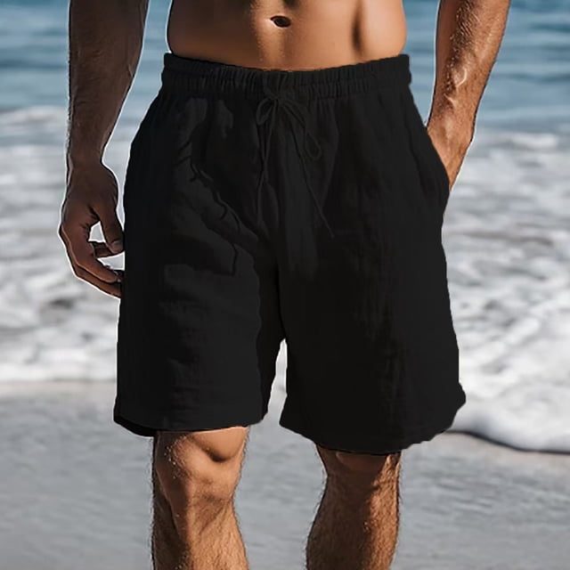 EOYWHK Men's Linen Shorts Elastic Waist Lounge Shorts Casual Solid Color Sleep Shorts with Drawstring Pockets