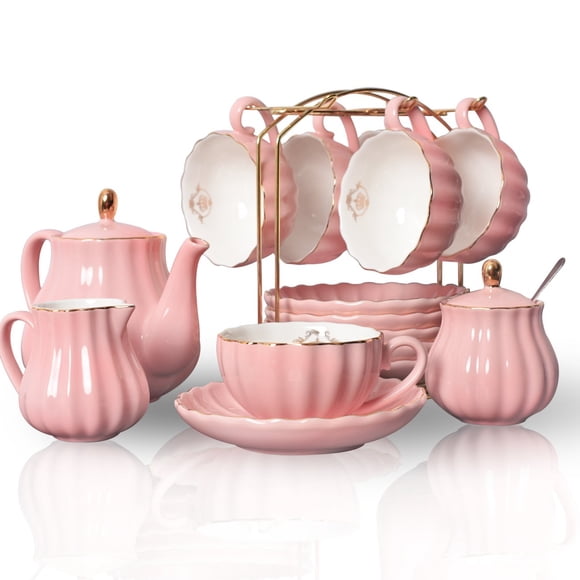 Sweejar Porcelain Tea Sets British Royal Series, 8 OZ Cups & Saucer Service for 6, with Teapot Sugar Bowl Cream Pitcher Teaspoons and Tea Strainer, S