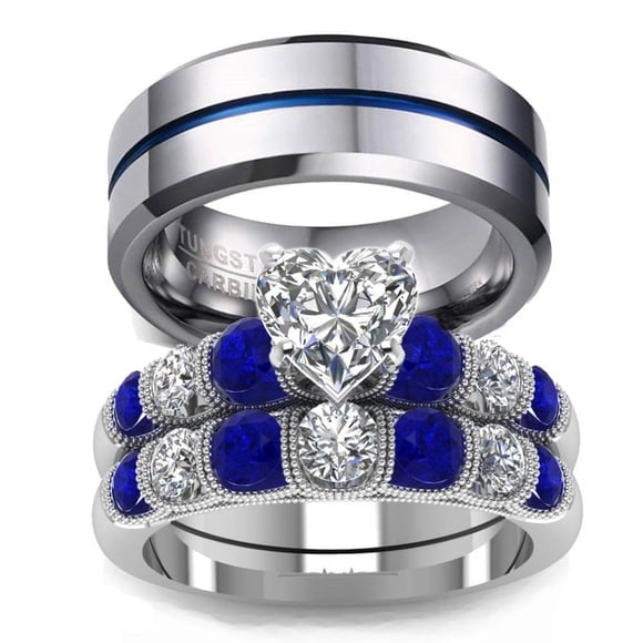 LOVERSRING Ensembles d'Alliances pour Lui et Elle Bagues pour Couples Bague de Fiançailles de Mariage Cœur Rempli Or Blanc 10K cz Ensembles Nuptiaux Alliance en Carbure de Tungstène pour Homme