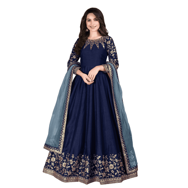 Custom Made Blue Wedding Reception Wear Designer Anarkali & Dupatta Free Shipping All Size