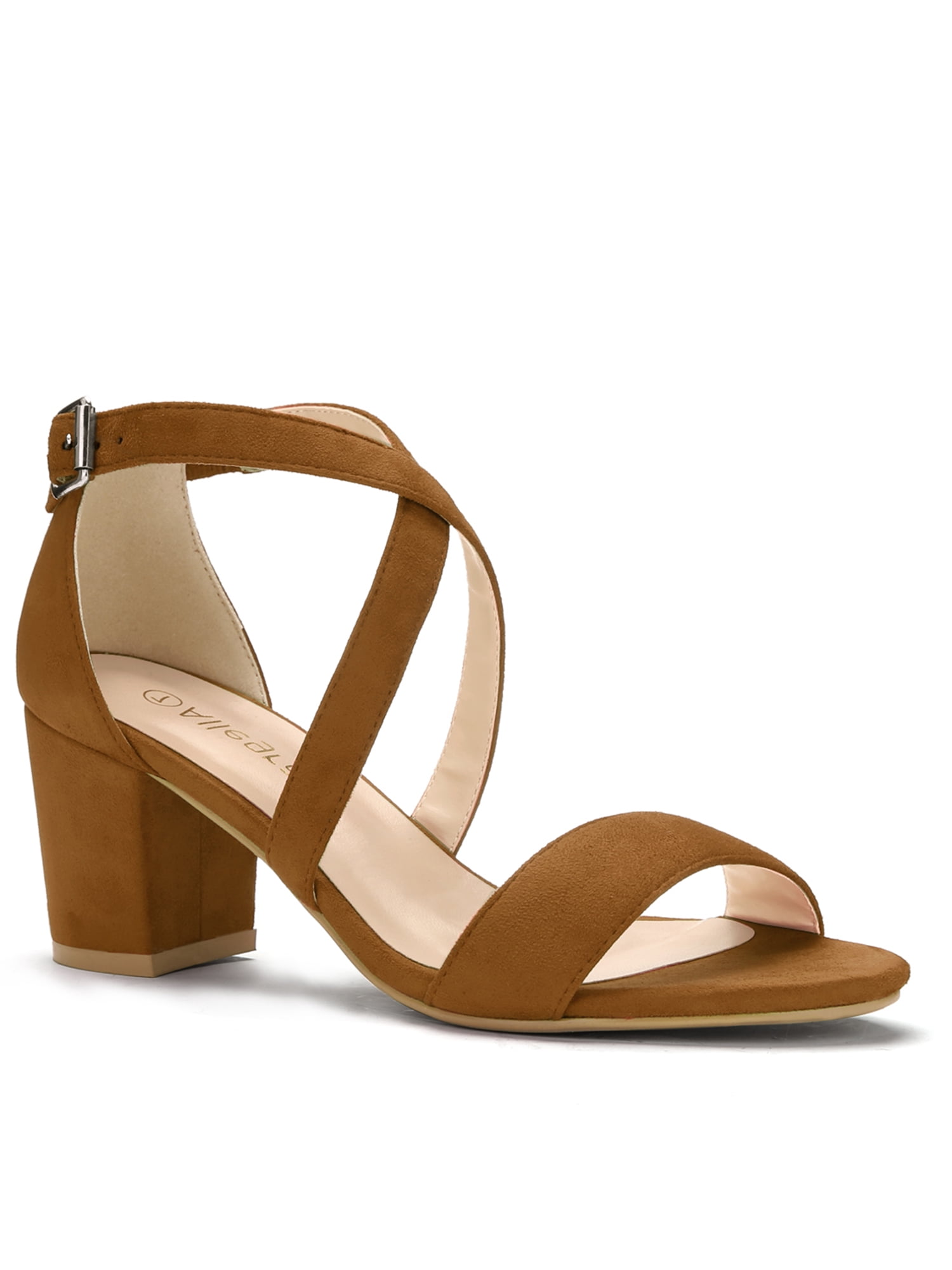 BLISSFUL STEP Women's Open Toe Cross Strap Mid Block Heel Sandals Brown 7