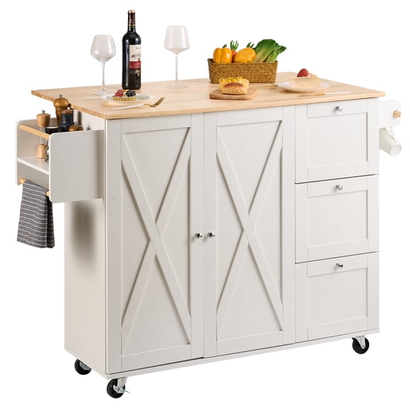 VEVOR Chariot d'Îlot de Cuisine avec Dessus en Bois Massif, Chariots Mobiles de 45,3 Pouces de Largeur avec Armoire de Rangement, Table de Cuisine Roulante avec Porte-Épices, Porte-Serviettes, Abattant et Tiroir, Îlots Portatifs sur Roues, Blanc