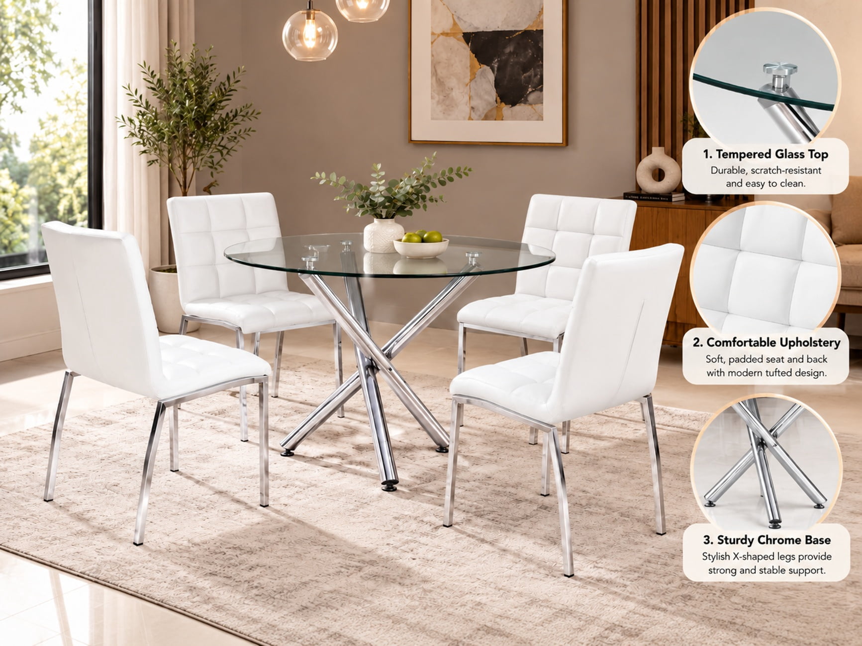 Psd Round Table K-Living 5-Piece Modern Dining Room Set with Round Glass Table and 4 ...