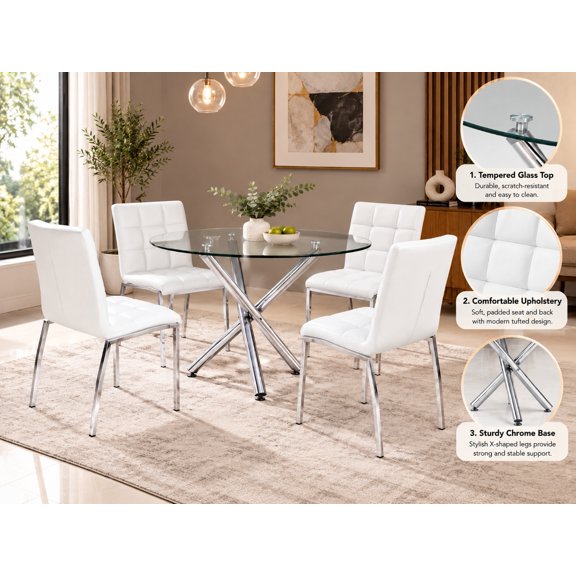 Ensemble de salle à manger moderne K-Living 5 pièces avec table ronde en verre et 4 chaises blanches capitonnées