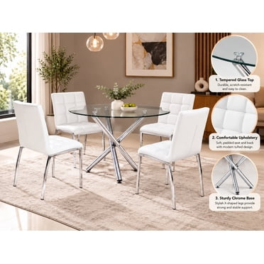 Ensemble de salle à manger moderne K-Living 5 pièces avec table ronde en verre et 4 chaises blanches capitonnées