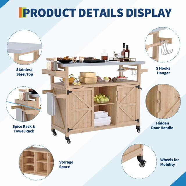 Sturdy Wood Outdoor Grill Cart with Storage Cabinet - Stainless Steel Top - Spice & Towel Rack - Lockable Wheels - Rolling BBQ Prep Table for Patio, Backyard, and Outdoor Cooking Station, Wood Color