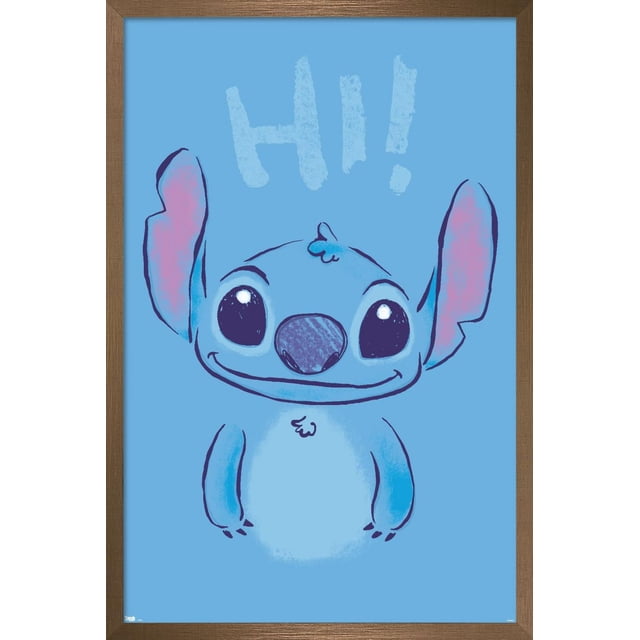 Disney Lilo and Stitch - Hi Wall Poster, 22.375" x 34" featuring a front-facing illustration of Stitch with large eyes and ears on a light blue background with the word 'HI!' above, printed on glossy poster paper with a brown wooden frame, suitable for decorating bedrooms, offices, or dorms and often used as fun party décor.