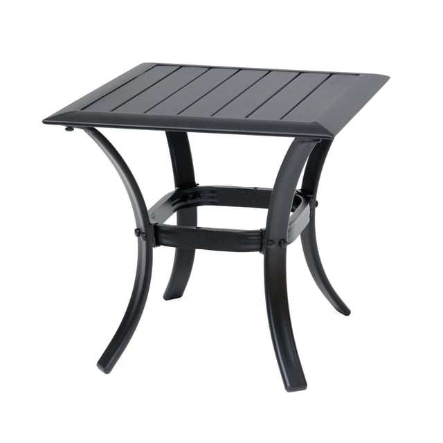Dura Sandy Aluminium Table with a square slatted top and curved legs in matte black finish, a lightweight outdoor bistro table ideal for patios, balconies, or poolside, offering convenience and compatibility with most outdoor furniture.