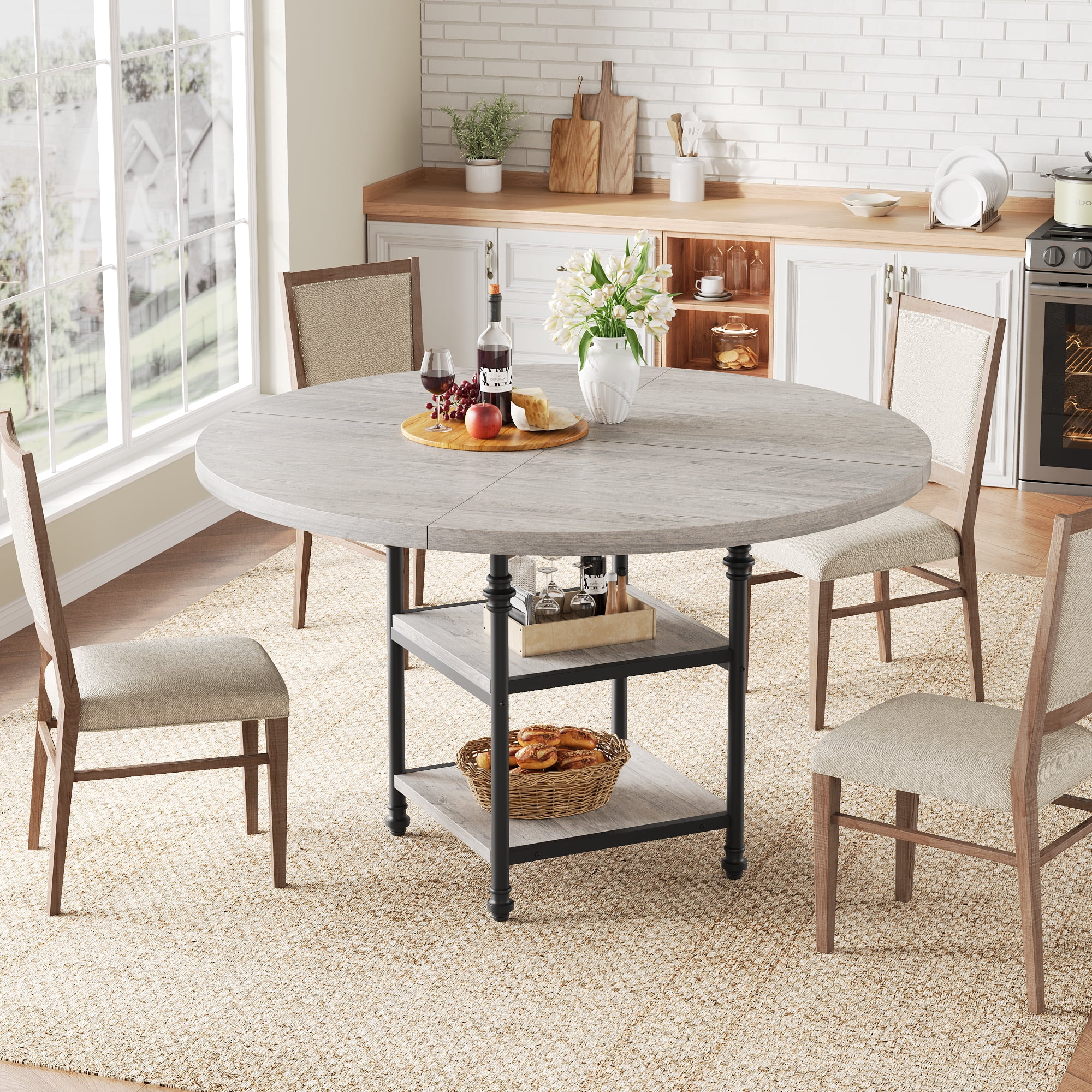 Roman Column Round Dining Table for 4-6 - 1.2'' Thick MDF Top with Built-in Storage - Metal Base - Modern Design Kitchen, Dining or Living Room Table - Grey