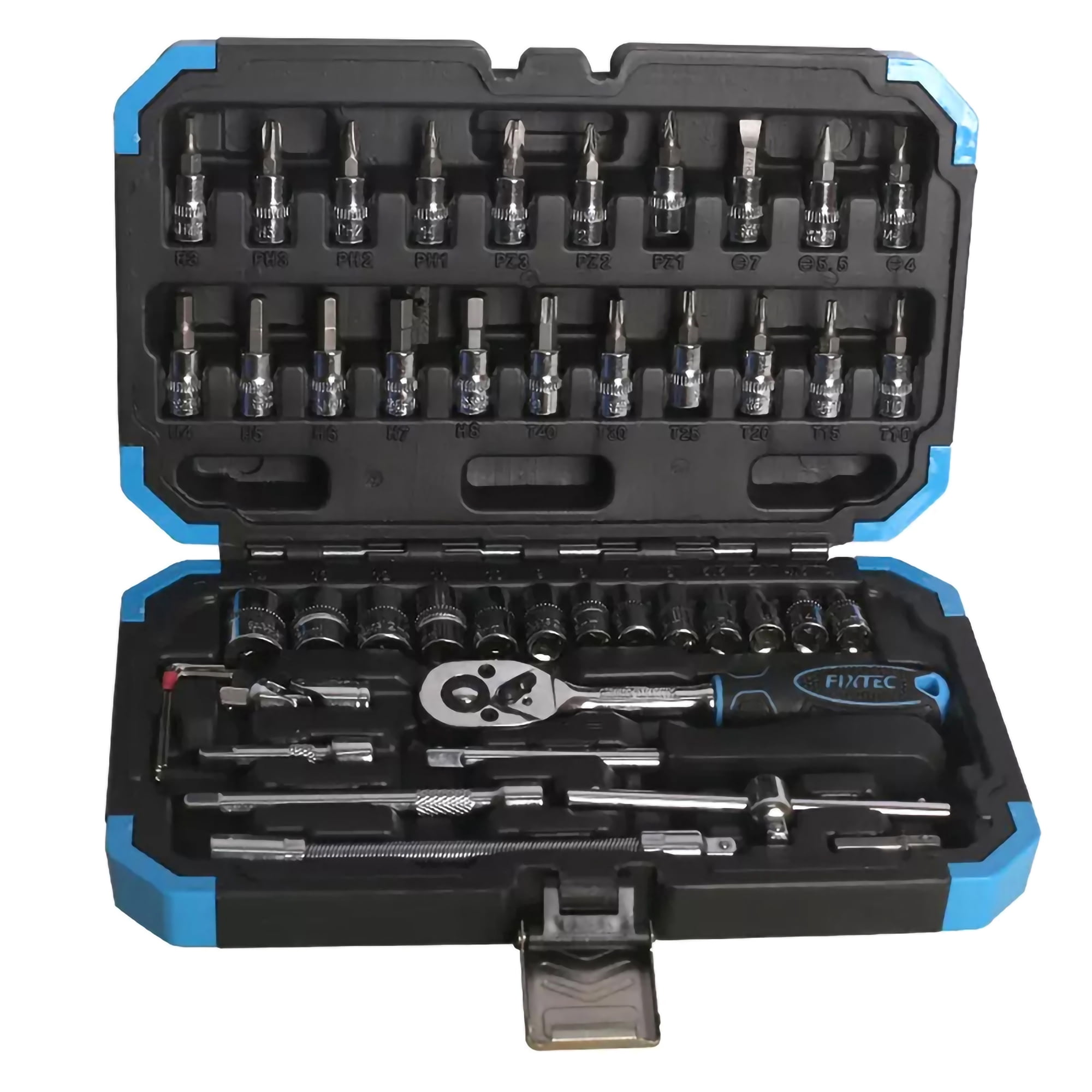 FIXTEC Car Mechanics Tool Set with 1/4" Drive Quick Reversible Ratchet Handle (46-Pieces)