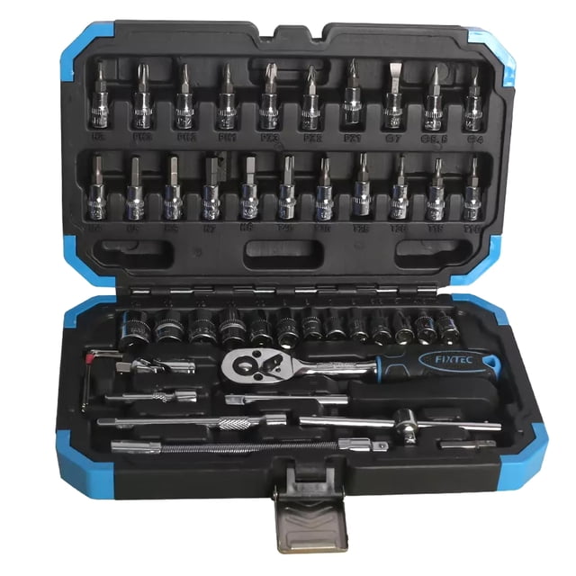 FIXTEC Car Mechanics Tool Set with 1/4" Drive Quick Reversible Ratchet Handle (46-Pieces)