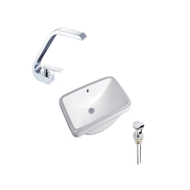 DROP Bath and Kitchen DR091107 Ensemble d'Évier de Salle de Bain Encastré avec un Évier Rectangulaire en Céramique Blanc, Robinet à un Seul Trou Chromé avec Poignée Levier, et drain Chromé avec Débordement, Conçu pour une installation Encastrée dans des Rénovations de Salle de Bain.