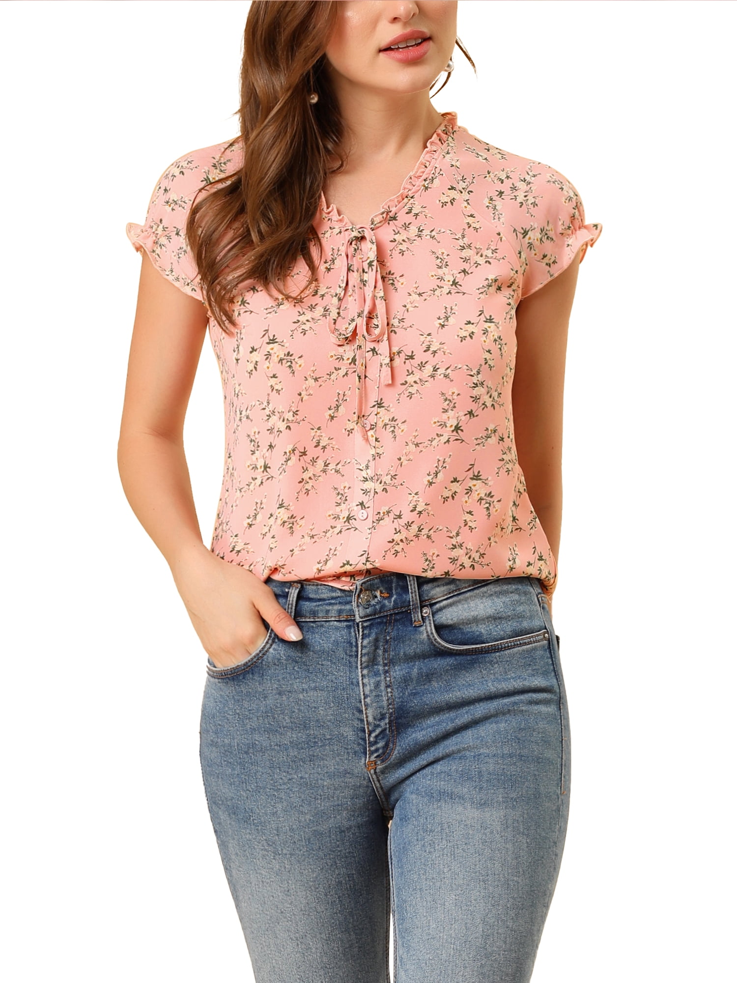 INSPIRE CHIC Women's Floral Blouse Short Cap Sleeve Chiffon Casual Ruffle Tops M Dark Pink