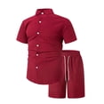 thumbnail image 3 of UVEASISHA Men's 2 piece Matching Set Textured Summer Beach Outfit Solid Color Breathable Button Down Shirt ShortsTracksuits Set Comfortable Loose Fit Wine,M, 3 of 8