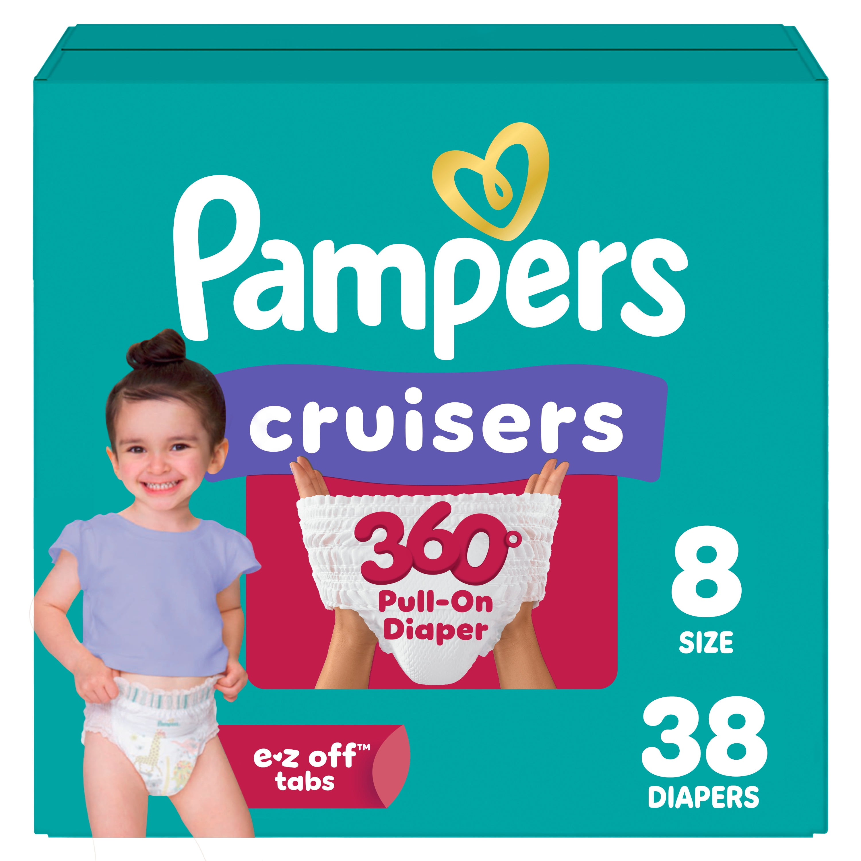 Pampers Diapers - Cruisers 360° - Size 8, 38 Count, up to 100% Leakproof Fit, Designed for Active Babies, Pull On Diaper, EZ Off Tabs Designed for Easy Changes