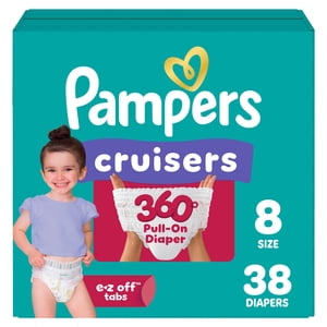 Pampers Couches - Croiseurs 360° - Taille 8, 38 Compte, jusqu'à 100% Fit étanche, conçu pour les bébés actifs, tirer sur la couche, EZ Tabs off conçus pour des changements faciles