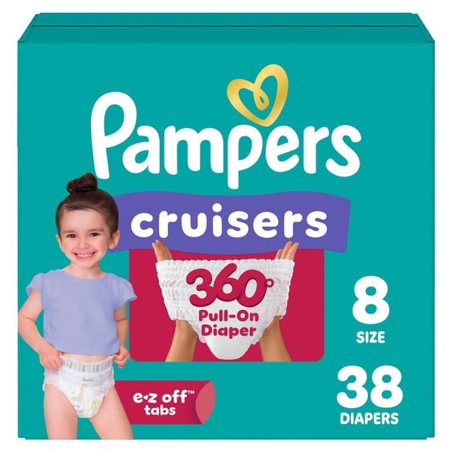 Pampers Diapers - Cruisers 360° - Size 8, 38 Count, up to 100% Leakproof Fit, Designed for Active Babies, Pull On Diaper, EZ Off Tabs Designed for Easy Changes