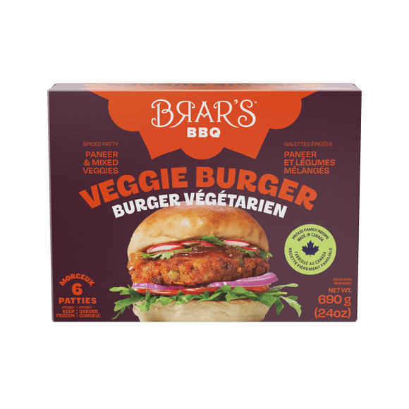 BRAR'S VEGGIE BURGER PATTY 690G, Brar's Veggie Burger: Veggie burger patties deliciously seasoned with our secret spice blend and packed with paneer carrots, corn, and potatoes. 100% Vegetarian, made with gold standard Ingredients, made in Canada