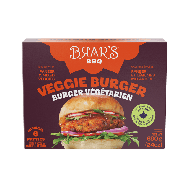 BRAR'S VEGGIE BURGER PATTY 690G box containing six spiced veggie burger patties made with paneer, carrots, corn, and potatoes, shown with a front-facing veggie burger on a bun with lettuce, red onion, radish slices, and barbecue sauce, packaged in a purple and orange box labeled 100% vegetarian and made in Canada, ideal for frozen plant-based burger meals.
