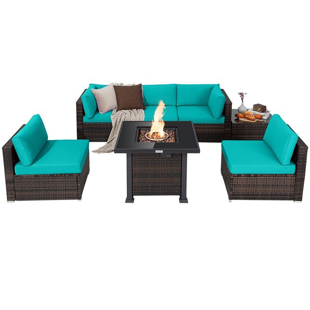 Patiojoy Patio Rattan 7PCS Cushioned Chair Set Furniture Set in turquoise, featuring a mix brown PE rattan frame. Includes 2 corner sofas (29.5" x 29.5" x 25"), 3 armless sofas (29.5" x 25.5" x 25"), a coffee table (25.5" x 25.5" x 13"), and a 50,000 BTU propane fire pit table (32" x 32" x 25.5") with lava rocks. Cushions are 2 inches thick, removable, and easy to clean. Suitable for gardens, poolside, and patios.