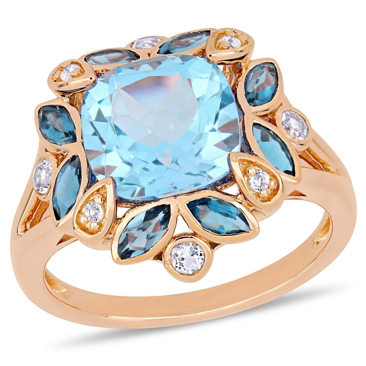 Miabella Blue Topaz and White Rose-Plated Sterling Silver Floral Cocktail Ring