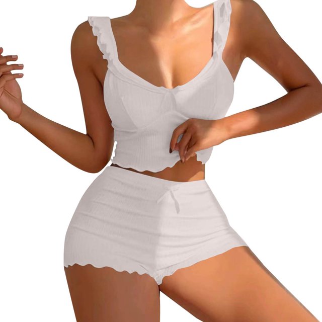Women's Summer Short Set 2 Piece Sexy Ruffle Crop Camisole Babydoll Tops and Boxer Shorts Set