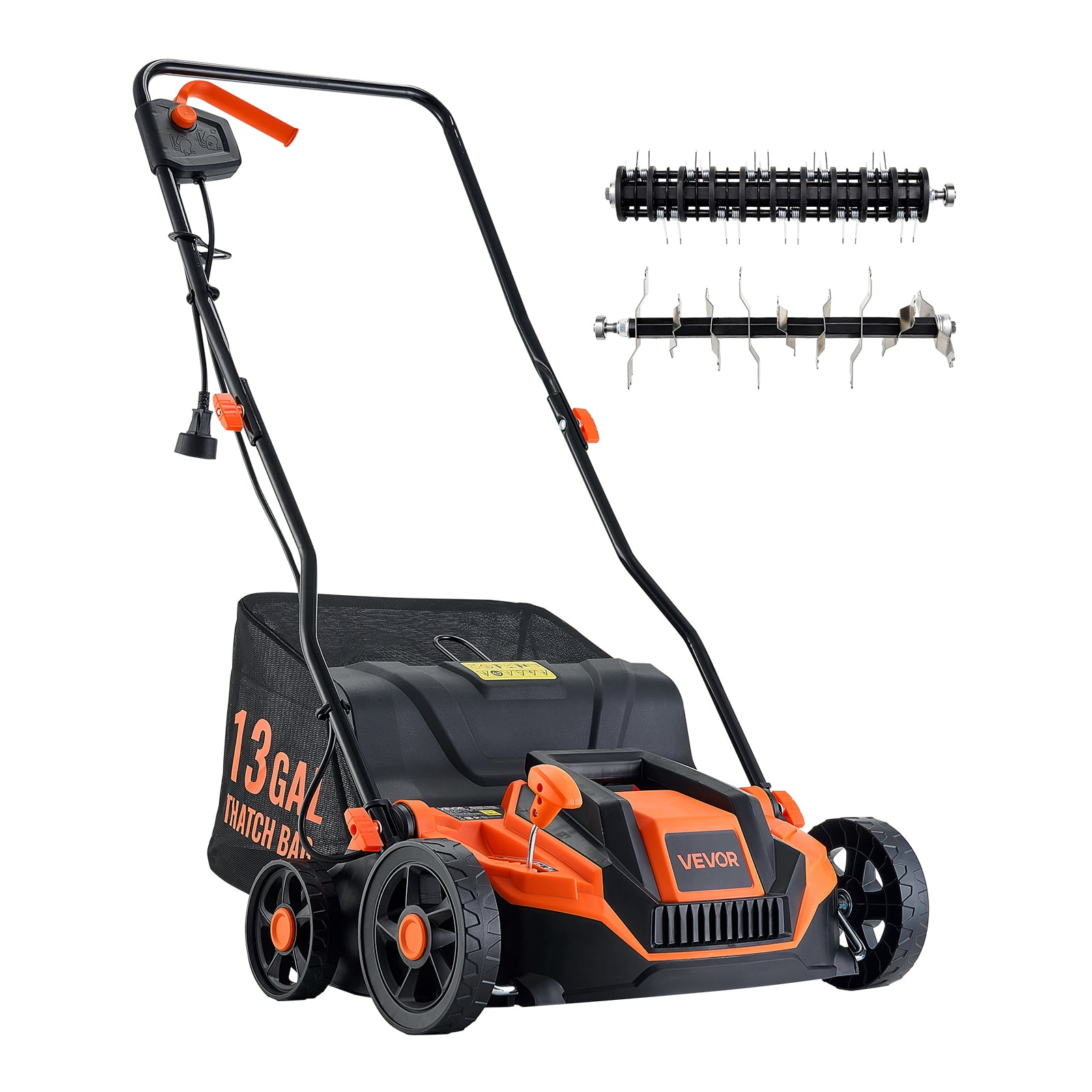 VEVOR 2-in-1 Electric Dethatcher and Scarifier, 13-Inch 13 Amp, Corded Lawn Dethatcher with 13-Gallon Thatch Collection Bag, 5-Position Depth Adjustment